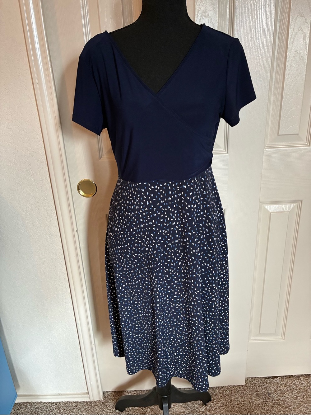 Kaileigh Navy Faux-Wrap Midi Dress with Patterned Skirt